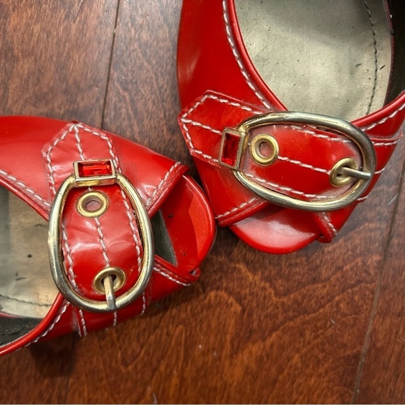 Paolo Dark Hyacinth Orange Leather Heels with Rhinestone & Gold Hardware, Size 7 - Picture 6 of 14